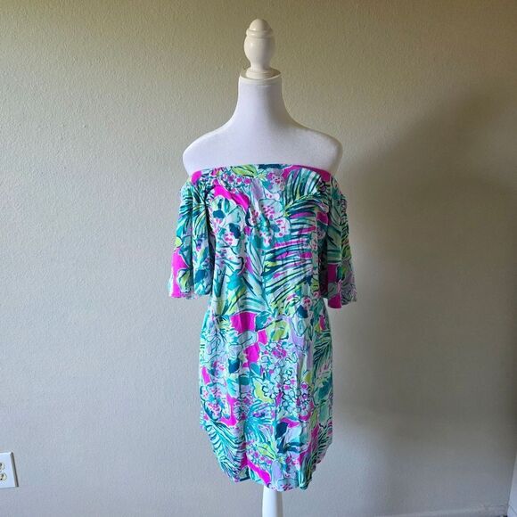 Lilly Pulitzer Fawcett Off The Shoulder Multi Color Floral Dress Medium - Picture 2 of 7